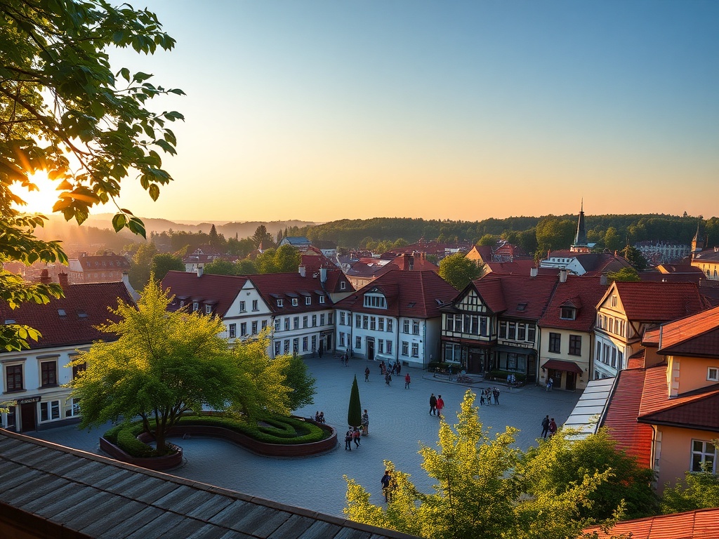 Malowniczy widok na Wisłę podczas majówki, z górami w tle i kwitnącą zielenią.